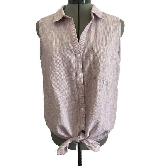 Harvé Benard Sleeveless Button-Up Striped Linen-Cotton Shirt With Tie Front Lrg - Picture 1 of 9